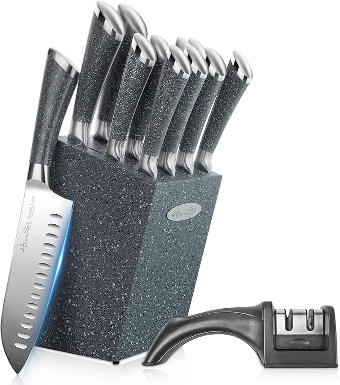 Harriet 13-Piece Knife Block Set with Sharpener | German Stainless Steel, Rustproof & Non-Stick | Includes Chef, Santoku, Bread & Steak Knives | Marble Finish Block