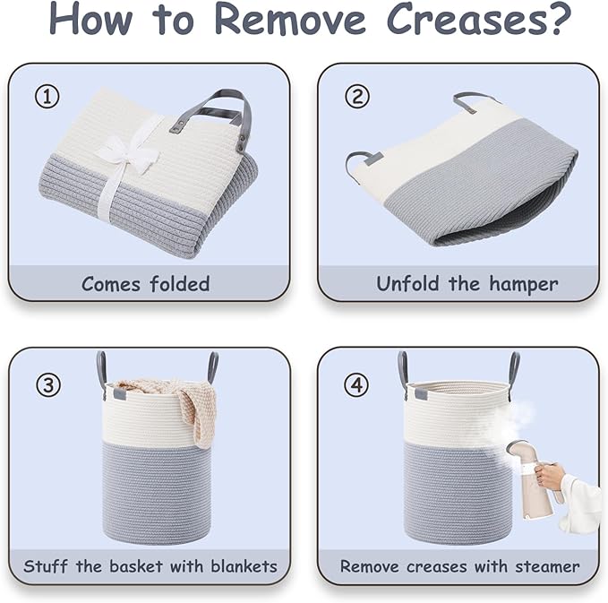 VIPOSCO Tall Laundry Basket, Large Dirty Clothes Hamper with Leather Handle, Woven Rope Storage Basket for Blanket, Toy In Living Room, Bathroom, Bedroom - 100L Grey & White