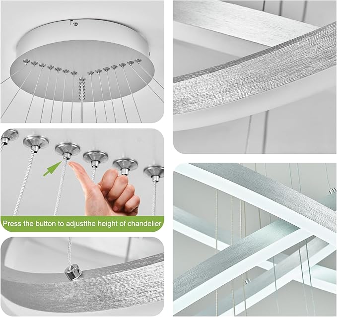 5 Rings D31.5 Modern LED Chandelier Silver Large Dimmable Circular High Ceiling Chandeliers with Remote Control for Foyer Dining Room Living Room Staircase Villa, 3000K-6500K CCT