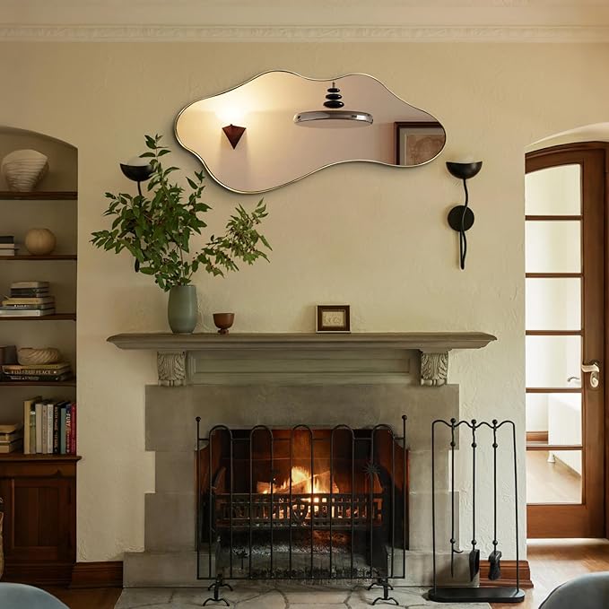 Gold Irregular Mirror, Asymmetrical Wall Mirrors Decorative, 40"x18" Wavy Shaped Mirror with Metal Frame, Modern Abstract Mirrors for Living Room Bathroom Bedroom Hallway Entryway Fireplace