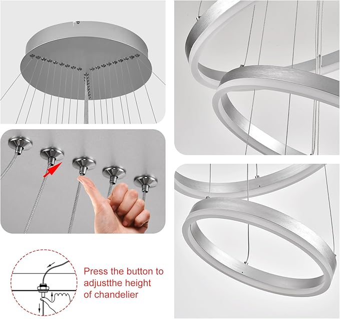 9-Rings D39.4’’ Modern LED Chandelier Silver Dimmable High Ceiling Foyer Chandeliers Entryway with Remote Control for Staircase Entryway Living Room Foyer, 3000K-6500K