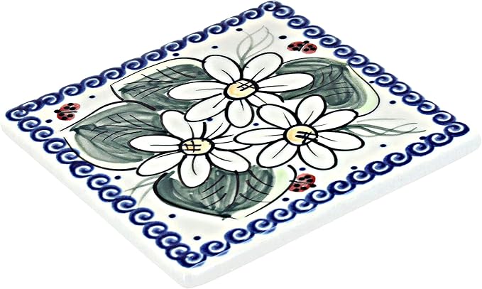 Blue Rose Polish Pottery - Red Ladybug Tile - 4.5" Square - Ceramic Decorative Tile for Kitchen Backsplash, Trivet or Wall Art