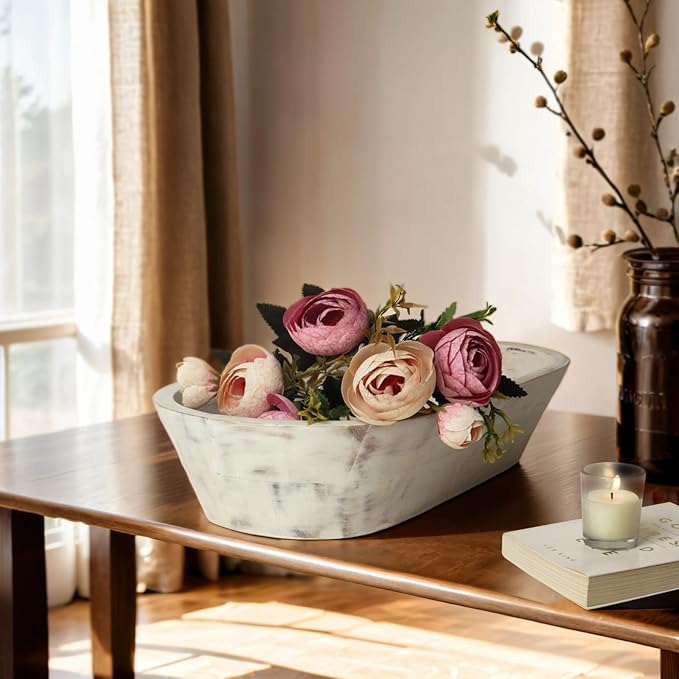 Luxe Designs Wooden Dough Bowl - Rustic White Acacia Wood - Handmade Decorative Bowls for Home Decor, Bathroom, Kitchen Counter, & More - Rustic Large Wood Dough Bowl for Decor, Cosmetics, and Keys