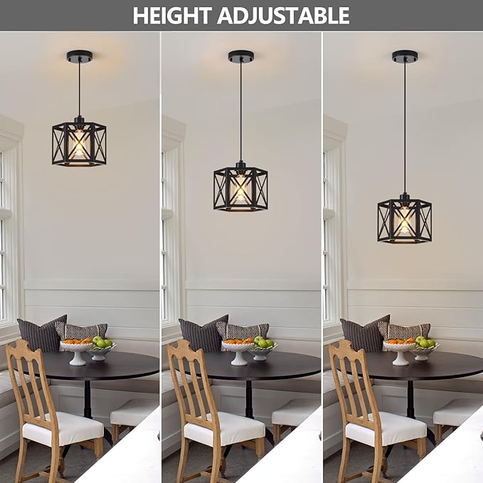 2 Pack Farmhouse Pendant Lights, Modern Black Hanging Light Fixture with Hexagonal Cage, Industrial Metal Ceiling Lights, Adjustable Lantern Pendant Lighting for Kitchen Island Sink Hallway