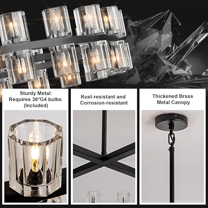 Modern Black Crystal Chandelier,36" K9 Crystal Chandeliers for Dining Room Over Table,Wagon Wheel Chandeliers for Dining Room,Living Room,Foyer,Includes 36XG4 Bulbs