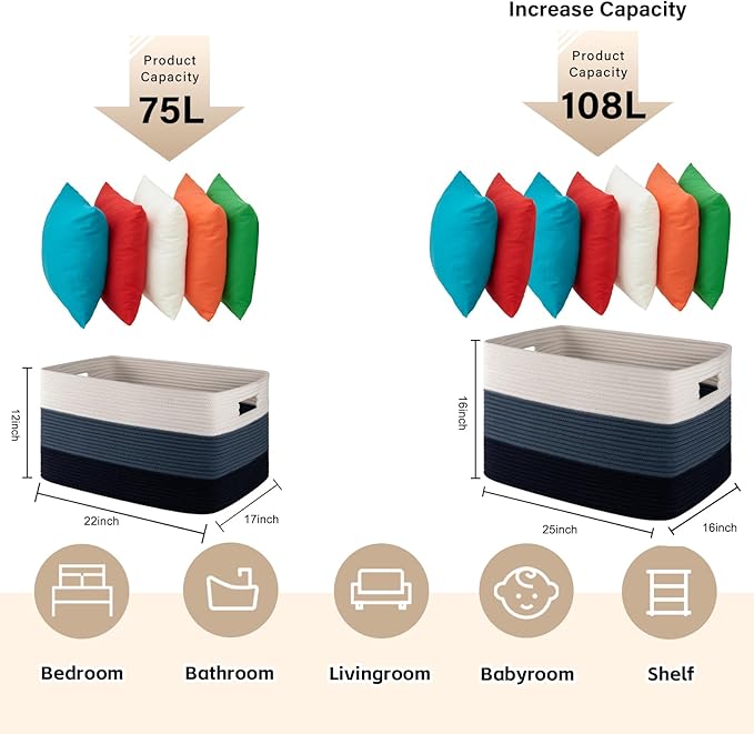 OIAHOMY 108L Large Cotton Rope Basket, Rectangle Woven Baskets for Storage, Nursery Blanket Storage Living Room, Toy Basket With Handle-25”x16”x16”-Gradient Blue