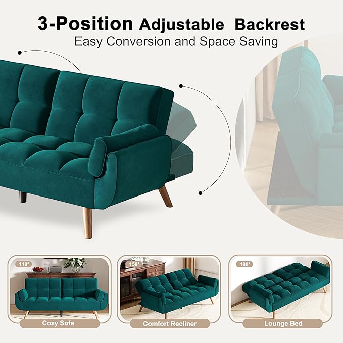 Futon Couch for Small Spaces & Apartment, 2-in-1Modern Comfy Loveseat Convertible Sofa Bed, 75.4-Inch Compact Design for Living Room, Dorms, and Studios-Green