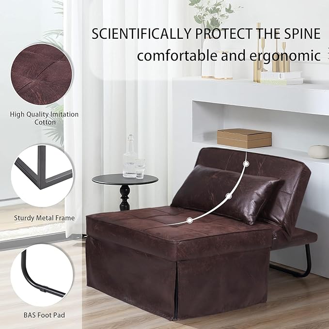 BIGSYY Sofa Bed, 4 in 1 Multi-Function Folding Ottoman Breathable Linen Couch Bed with Adjustable Backrest Modern Convertible Chair for Living Room Apartment Office, PU Imitation, Brown