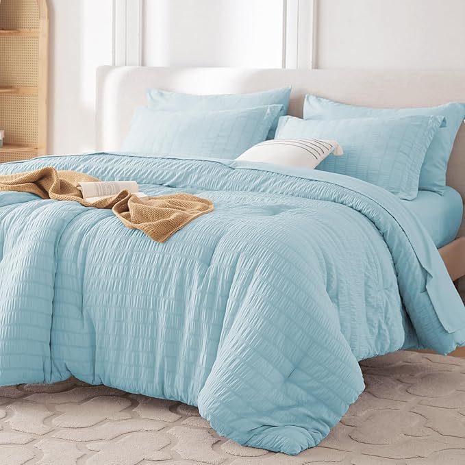 MUXHOMO 7 Pieces California King Comforter Set, Seersucker Bed in a Bag Cal King Size, All Season Luxury Bedding Set with Comforter, Flat Sheet, Fitted Sheet, Pillowcases & Shams, Lake Blue