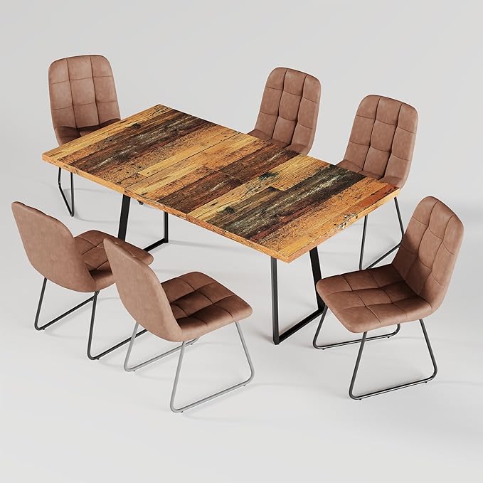 ZckyCine Extendable Dining Table Set 47"-63", Rustic Wood Table with 6 PU Leather Chairs, Modern Scandinavian Dining Room Furniture for Kitchen Apartment