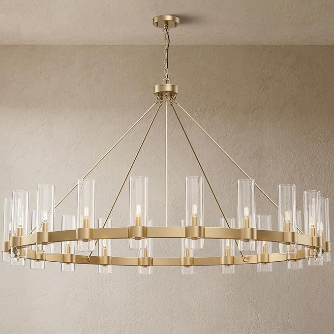 60 Inch Gold Chandelier, Wagon Wheel Chandelier with Glass Shade, 20-Lights Large Round Modern Farmhouse High Ceiling Pendant Lighting Fixture for Dining Room, Living Room, Kitchen, Foyer