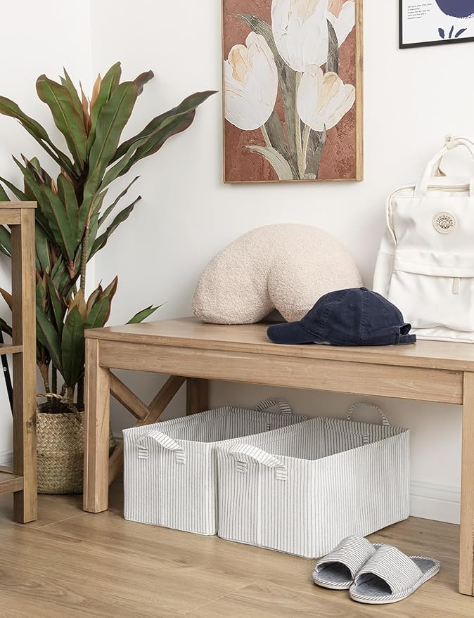 StorageWorks Storage Bins, Fabric Storage Bins for Shelves, Storage Baskets with Metal Frame, Closet Baskets and Bins with Handles, Khaki and Beige Stripes, 2-Pack