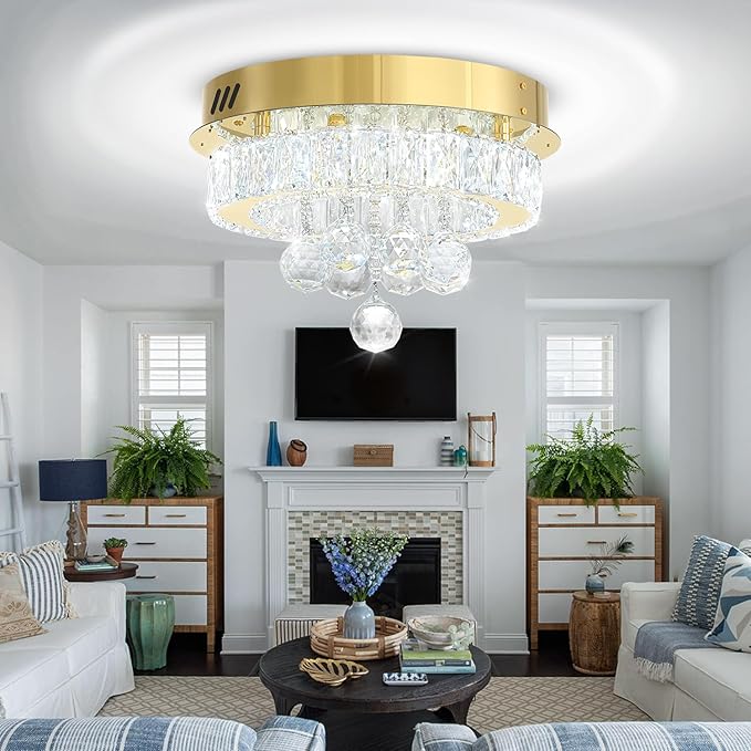 Flashing God 12" Modern Crystal Chandeliers Flush Mount Ceiling Light Gold Chandelier for Hallway LED Dimmable Light Fixture for Dining Room Living Room Bedroom