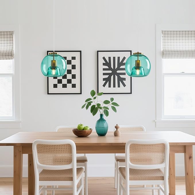 Light Blue Glass Pendant Lights Kitchen Island Gold Hanging Light Fixture Glass Globe Pendant Light Modern Pendant Lighting for Kitchen Island Bedroom Dining Room (7.87", 2 Pack)