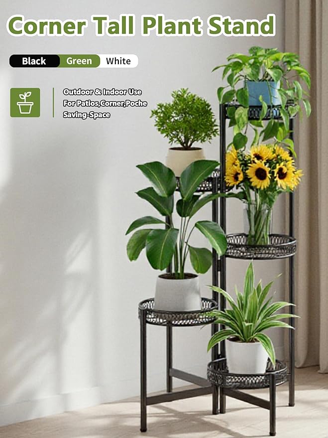 Plant Stand Indoor Outdoor, 5 Tier Corner Metal Flower Display Holder Stand, Folding Tall Plant Rack for Patio Balcony Porch Garden Living Room House, Heavy Duty Wrought Iron Plant Shelf - BlackFlower