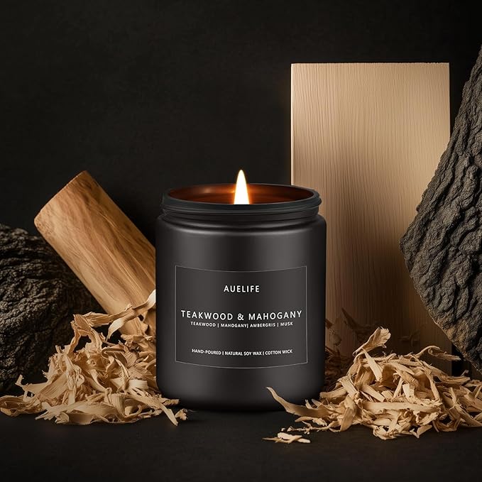 Teakwood & Mahogany Candle | Masculine Candles for Men, Gifts for Men - Soy Candle for Home Scented - Scented Candles for Home, Aromatherapy Gifts Long Lasting Burn Time - 7oz Black Jar