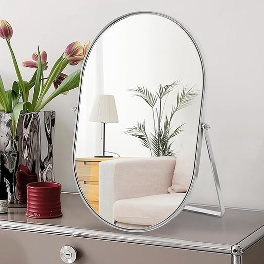 Vanity Makeup Mirror for Desk with Metal Stand Tabletop Mount Makeup Oval Mirrors 90°Adjustable Rotation Portable Cosmetic Mirror for Travel Bedroom,Office, Dresser,Countertop