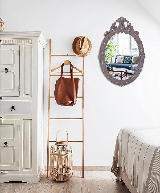 Brown Rustic Mirrors for Wall Vintage Carved Oval Wood Framed Mirror Decorative Wall Hanging Mirror for Bedroom Living Room Bathroom 24 x 16 inch