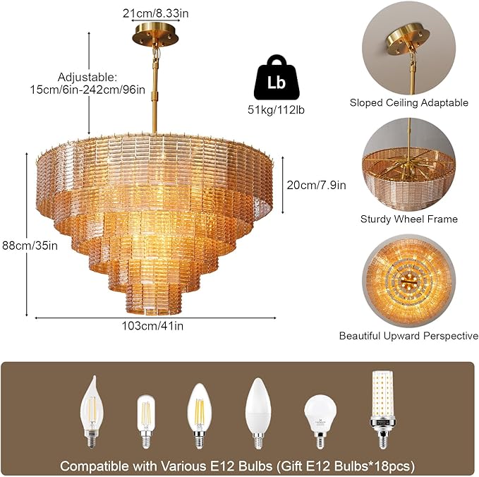 Large Chandelier, 41" Gold Chandelier for Dining Room, 18-Light Round Drum Kitchen Island Hanging Light Fixture，Amber Glass Linear Chandeliers Perfect for Living Room, Bedroom,Kitchen, Foyer