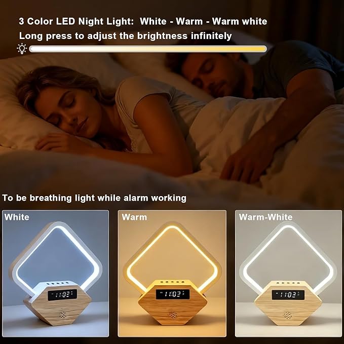Wood Sunrise Alarm Clock with White Noise Machine 3 Color Night Light 15 Soothing Sounds Sleep Aid 30/60/90min Timer 10 Alarm Ringtones USB C PD Phone Charger Anniversary Birthday Gifts for Women Men