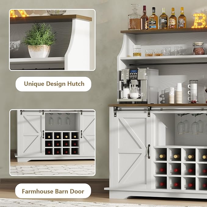 55 Inch Farmhouse Coffee Bar Cabinet with 3-Tier Storage, Kitchen Hutch with 12 Wine Racks & 3 Glass Holders, Coffee Bar with 6 Hooks, Wine Bar Cabinet for Dining Living Room, White