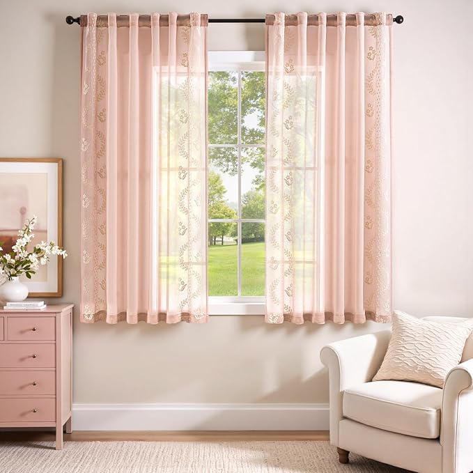 jinchan Belrose Pink Floral Sheer Curtains for Bedroom 63 Inch Long Voile Embroidered Farmhouse Curtains for Living Room Ivory Flower Patterned Rod Pocket Window Treatments, 2 Panels Pink