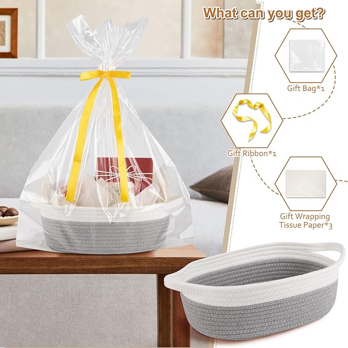 OIAHOMY Gift Basket Empty with Handle, 12"x 8"x 5" Small Woven Basket with Gift Bag, Ribbon and Wrap Tissue Paper, Dog Toy Storage for Organizing - Grey & White