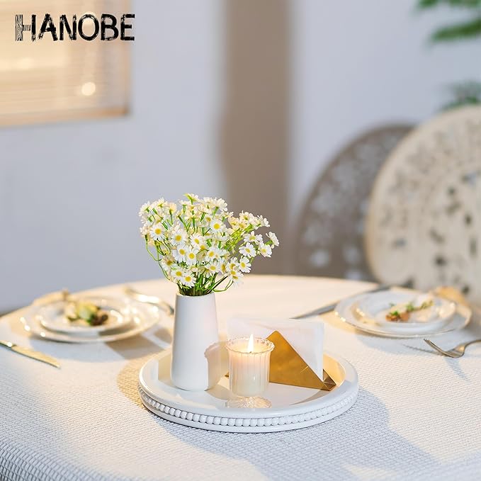 Hanobe Decorative Coffee Table Tray: White Beaded Round Serving Tray Modern Farmhouse Wooden Circle Centerpiece Tray Decor for Home Living Dining Room Kitchen Counter Bathroom