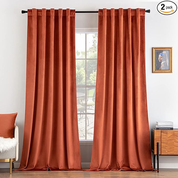 MIULEE Velvet Curtains 96 inches 2 Panels - Luxury Burnt Orange Blackout Curtains for Bedroom Living Room Thermal Insulated Super Soft Window Drapes Rod Pocket & Back Tab, Terracotta Rust Fall Decor