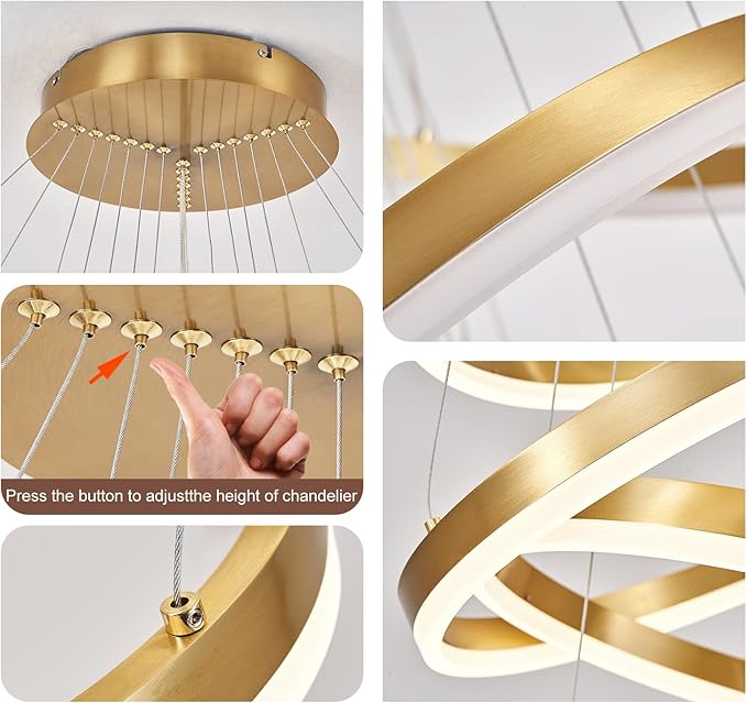 7-Rings D31.5’’ Modern LED Chandelier Gold Dimmable High Ceiling Chandeliers Foyer with Remote Control for Staircase Entryway Dining Room Living Room, 3000K-6500K