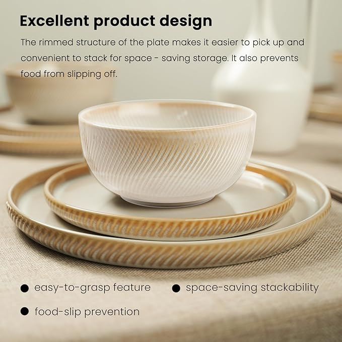 Earthsong Dinnerware Sets for 8, 24-Piece Ceramic Plates and Bowls Set, Dishwasher and Microwave Safe Stoneware Dishes Set, Ribbed, Sculpted Dune