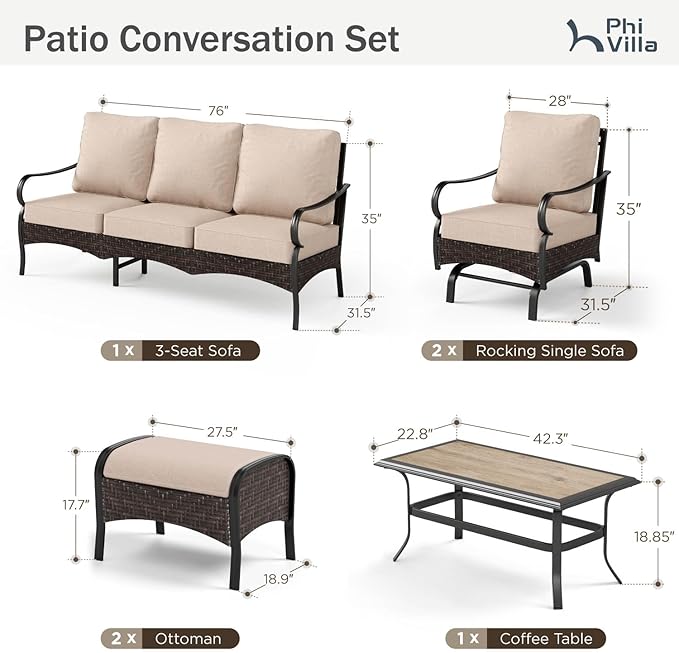 PHI VILLA Outdoor Modern Patio Furniture Set, Upgraded Wicker&Metal Patio Furniture Conversation Set with Waterproof Thick Cushions for Porch, Poolside, Deck, and Yard (6 Pieces,Beige)