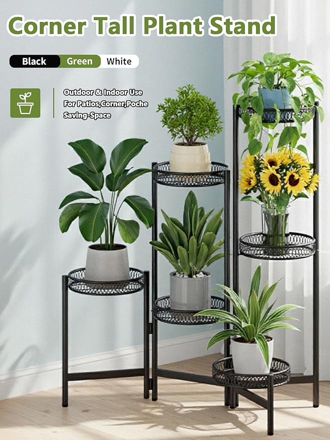 6 Tier Large Plant Stand Indoor with 7.9-Inch Wide Drainage Tray, Tiered Corner Metal Outdoor Flower Display Holder Shelf, Folding Tall Rack for House Patio Porch Balcony Graden - BlackFlower