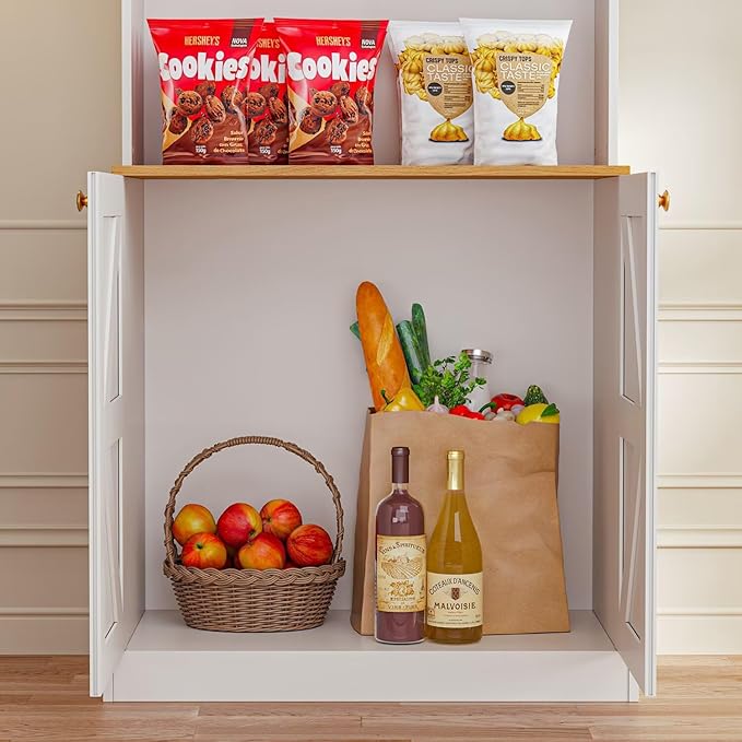 71" Farmhouse Kitchen Pantry, Rustic Freestanding Coffee Bar Hutch with Microwave Stand, Storage Cabinet with Glass Doors, Drawers & Adjustable Shelves for Kitchen or Living Room, Set of 3, White