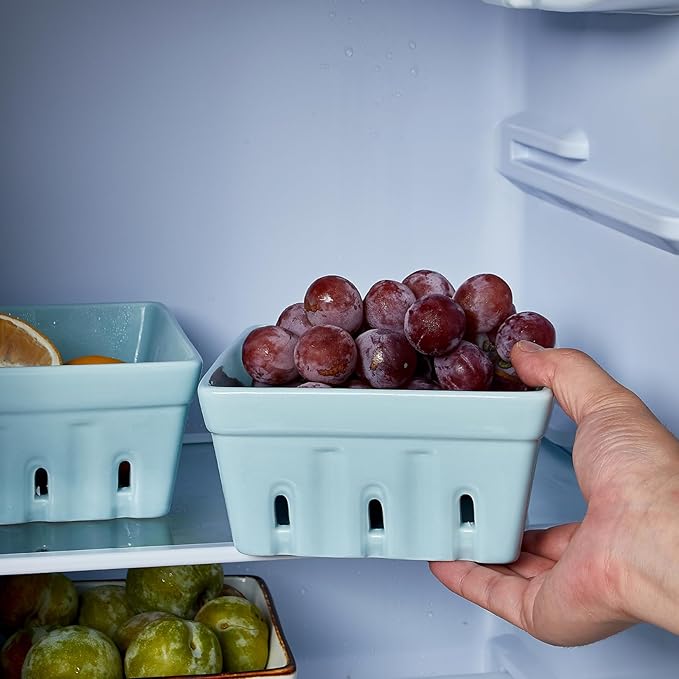 ONEMORE Berry Basket Ceramic Berry Bowls with Holes Square Fruit Bowl Berry Colander Containers for Fridge - 5.8" Fruit Basket for Kitchen Décor, Set of 2, Blue