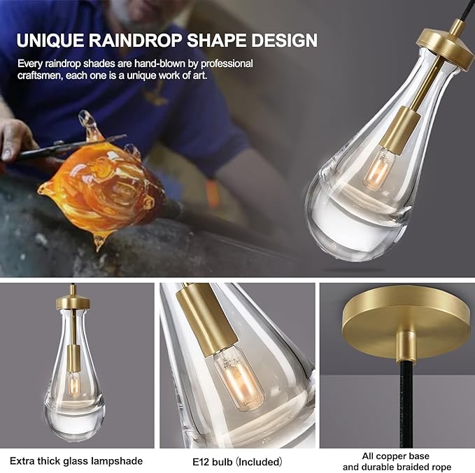 Raindrop Pendant Lights Set of 2, Brass Pendant Lights Kitchen Island, Gold Island Light for Kitchen Dining Room Light Fixture, Chandelier for Living Room Bedroom Bathroom, Bulb Included