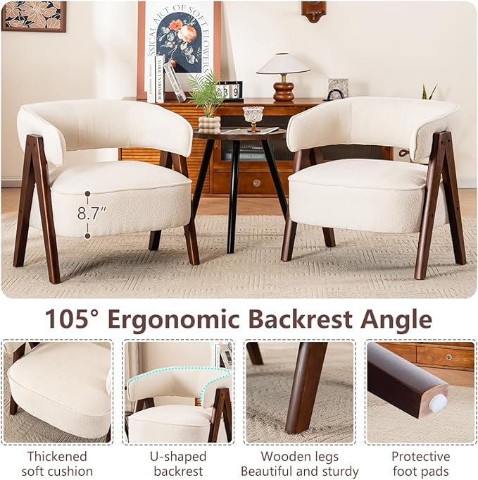Kidol & Shellder Mid Century Accent Chair Set of 3 Comfy Fabric Modern Living Room Bedroom Chairs Upholstered Lounge Reading Armchair with Thicken Seat Cushion Wood Frame （White）