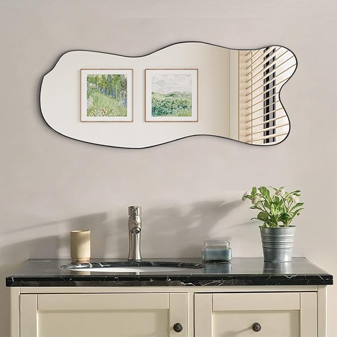 Asymmetrical Mirror, Irregular Wall Mirror, 47.25"x21" Modern Curved Mirrors Decorative, Frameless Wavy Shaped Mirrors for Living Room Bathroom Bedroom Entryway Fireplace
