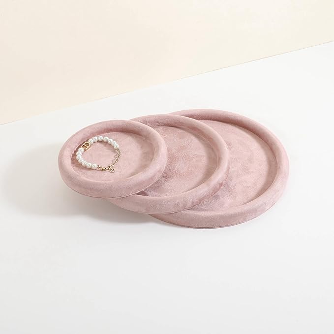 GemeShou Round Jewelry Organizer plate, Top Microfiber velvet Jewerly display tray, Empty Jewelry showcase tray for Necklace Bracelet Ring Earring display stand holder (Pink-Small, 5.9 x 5.9 in)