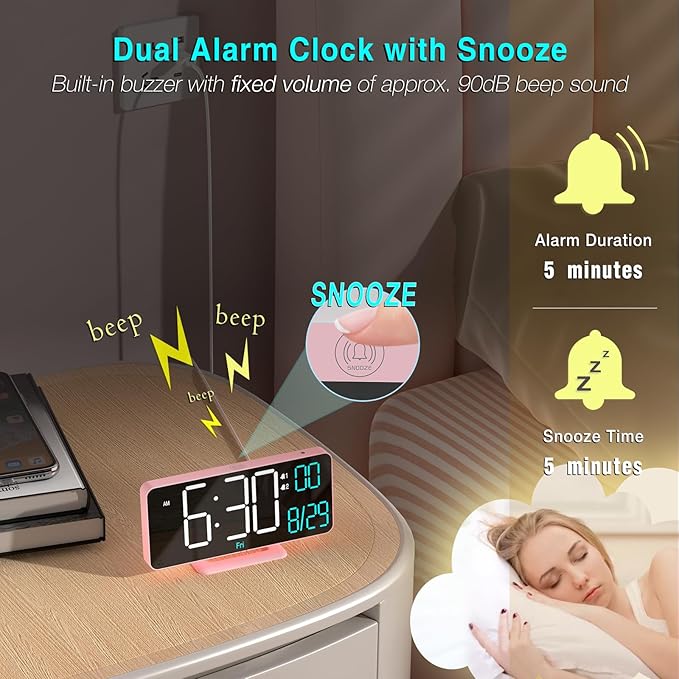 KOSUMOSU Clock for Bedroom, 6.7in Digital Alarm Clock, Auto Dimming, Room Temperature, Day of The Week, Seconds, Date, Alarm Clocks for Bedrooms, Digital Clocks for Living Room