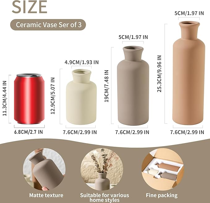 Ceramic Vase Set of 3, Flowers Neutral Modern Vases Home Decor Rustic Farmhouse Decor Pampas Vase for Table Mantel Entryway Shelf Living Room Kitchen Bathroom - Brown