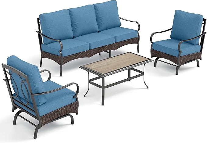 PHI VILLA Outdoor Modern Patio Furniture Set, Upgraded Wicker&Metal Patio Furniture Conversation Set with Waterproof Thick Cushions for Porch, Poolside, Deck, and Yard (4 Pieces,Navy)