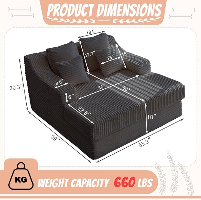 55 Inch Chaise Lounge Indoor - Oversized Chaise Lounge with 4 Throw Pillows and Armrets, Upholstered Plush Sofa Bed, Corduroy Lazy Chair Bed, Sleeper Chair for Living Room or Bedroom, Gray