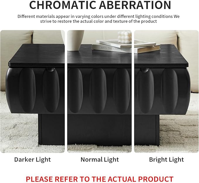 31" Lift Top Coffee Table for Living Room, Fluted Coffee Table with Hidden Storage Compartment, Mid Century Modern Solid Wood Veneer Square Center Table for Office Apartment Small Space, Black