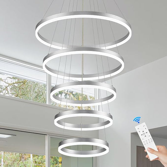5-Rings Modern LED Chandelier Silver High Ceiling Chandelier with Remote Control Dimmable Pendant Lighting for Dining Room Foyer Living Room Entryway Staircase(3000K-6500K, D23.6’’)