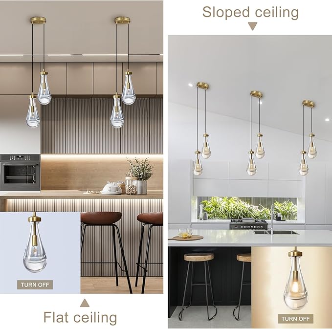 Modern Raindrop Pendant Lights, Brass Cluster 2-Light Pendant Lights Kitchen Island, Gold Bedside Pendant Lighting, Adjustable Suspension Cord for Dining Room,Bathroom,Bedroom,Bulb Included