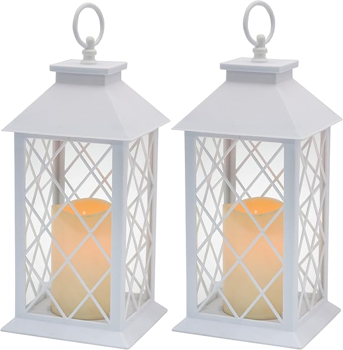 YAKii Decorative Candle Lantern with LED Flameless Candle and Timer, Plastic LED Candle & Holder, Indoor & Outdoor Hanging Lights Decorations Lantern (White 2PCS)