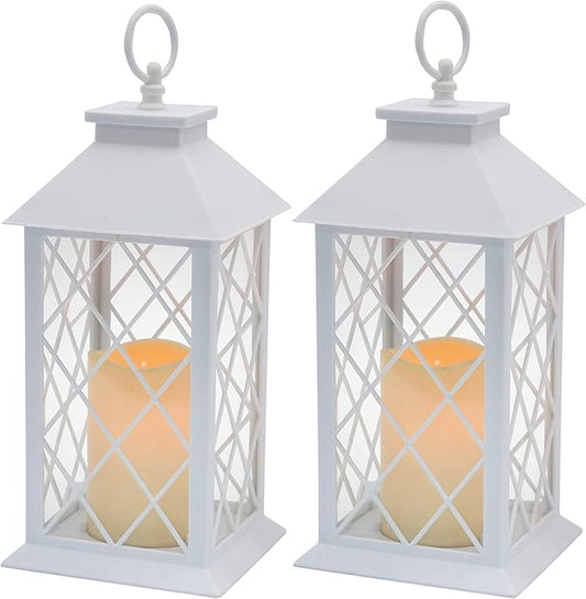 YAKii Decorative Candle Lantern with LED Flameless Candle and Timer, Plastic LED Candle & Holder, Indoor & Outdoor Hanging Lights Decorations Lantern (White 2PCS)