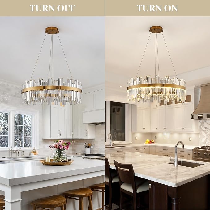 23.6" Dimmable Modern LED Crystal Chandeliers,Gold Chandelier Light Fixture, 3 Colors Contemporary Pendant Ceiling Light for Dining Room Living Room Kitchen Island Entryway Foyer ,With Remote Control