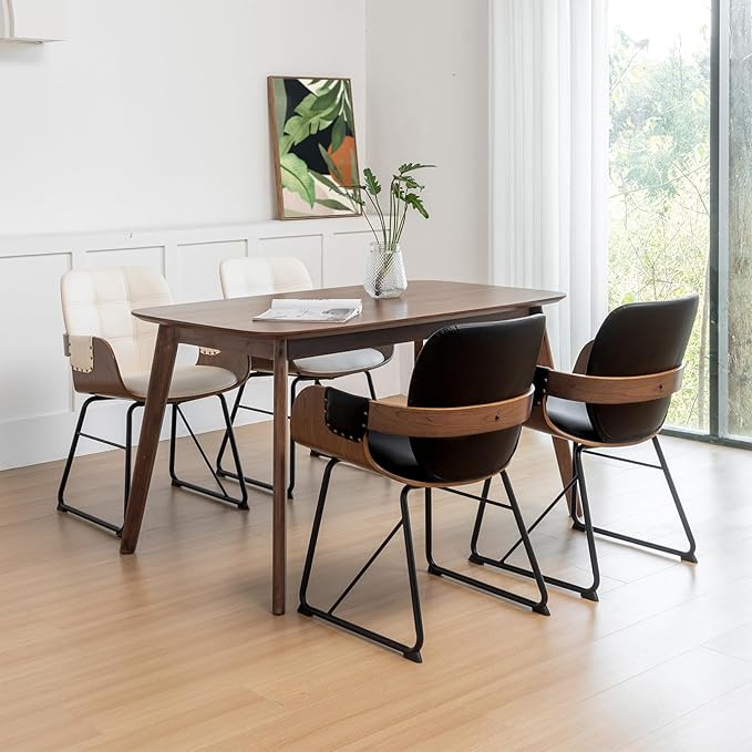 Set of 2 Kitchen & Dining Room Chairs - Mid Century Modern Chairs with Upholstered Seat, Cushion Arm, High Back, Metal Legs Walnut Dining Chairs for Kitchen/Living Room (Modern Black)